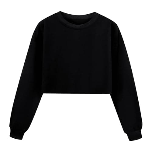 Image of Girls Sweatshirt Long Sleeve T Shirts Crop Tops School Jumper Teenager Girls Round Neck Drop Shoulder Pullover Tops Casual Comfor Fall Winter Plain Sport Sweatshirts for Age (Black, 14-15 Years)