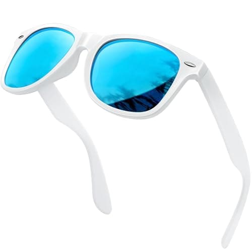 Image of KANASTAL White Sunglasses Blue Mirrored Mens Polarised Womens Classic Vintage Ladies Driving Summer Casual UV400 Protection - White Frame Blue Lens