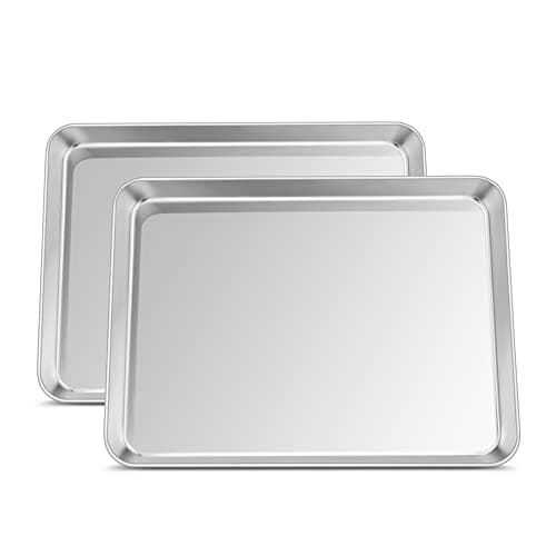 Image of Joyfair Baking Tray, Stainless Steel Oven Tray Set of 2, Flat Cookie Sheet Pans Ideal for Baking Cooking Roasting, Non Toxic & Rust Free, Mirror Finished & Dishwasher Safe, 31.5x24.6x2.5cm