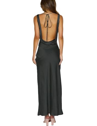 Image of Satin Cowl Neck Sleeveless Backless Maxi Wedding Guest Dress Silk Open Back Tie Back Prom Formal Dresses for Women 2025, Black, L