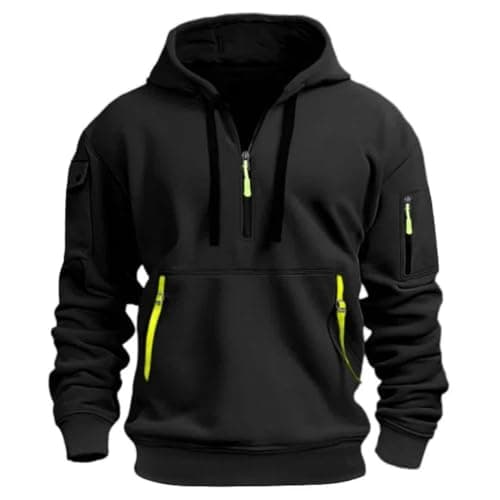 Image of MakingDa Mens 1/4 Zip Pullover Hoodie Zipped Pocket Fleece Drawstring Long Sleeve Tracksuit Tops Cuff Shirts Hooded Loose Fit Casual Classic Fashion Work Hoody Sweatshirts Black L