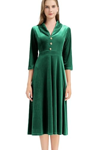 Image of AXOE Women's Velvet Dress Elegant Vintage Midi 3/4 Sleeves Autumn Winter Fashion for Wedding Guest Soft Emerald Green, UK Size 10, S