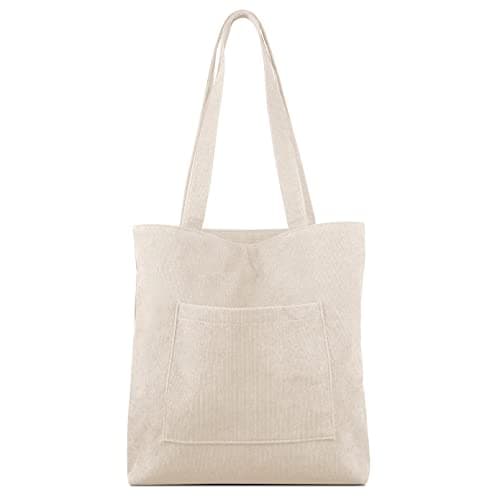 Image of Kememo Corduroy Tote Bag with Zip, Shoulder Bag Women's Hobos Handbags Large Capacity Shopping Bag with Inner Pocket, Beige