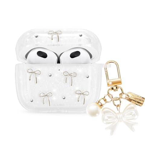 Image of Newseego Clear Case for Airpods 3 Gen, Cute Aesthetic Glitter Bowknots Pattern Design with Bow Pearl Keychain for Girls & Women Soft TPU Shockproof Cover for Apple Airpods 3rd Generation