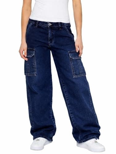 Image of 989Zé ENZO Womens Cargo Pants Wide Leg Jeans Casual Cotton Loose Fit Stretch Denim Baggy Trousers EL677_Jeans Dark Blue 16 R