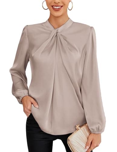 Image of GRACE KARIN Tops for Women UK Autumn Long Sleeve Shirts 1950s Knotted Neck Loose Fit Festival Blouse Khaki XL