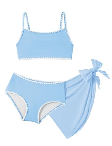 Image of Arshiner Girls Bikini Set 3 Piece Modest Kids Swimwear with High Waist Bottoms Sarong Cover Up Skirt Sporty Bikini Top Summer Beach Pool Holiday 9-10 Years Blue
