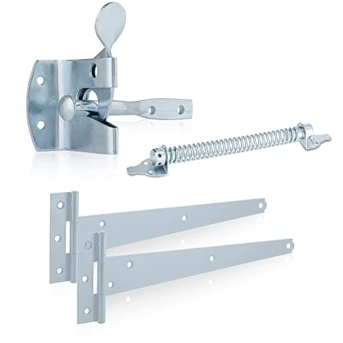 Image of XFORT Premier Auto Gate Latch Zinc Pack, Complete With Two 300mm T-Hinges, One 8" Gate Spring, Weather Resistant Garden Gate Kit, Auto Gate Latch Set, Gate Fitting Kit For External Wooden Garden Gates