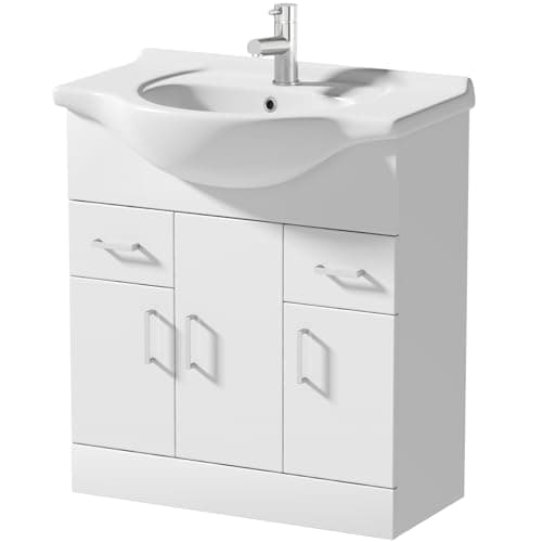 Image of BAYSTONE® 750mm Vanity Unit Basin Sink Bathroom Storage Cabinet Cupboard Freestanding, Single Tap Hole Ceramic Wash Basins, Soft Close Doors & Drawers, White Gloss