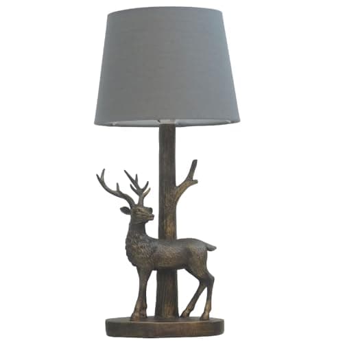 Image of Britalia Antique Gold Resin Standing Sika Deer Sculpture Vintage Table Lamp with Grey Cotton Tapered Drum Shade | 44cm Height | 1 x E14 Lamp Bulb Required | UK Approved | High Definition Resin Stag