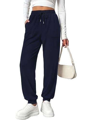 Image of Marvmys Joggers for Women Baggy Sweatpants with Pockets Tracksuit Jogging Bottoms High Waist Cargo Trousers Drawstring Workout Sport Navy Blue M
