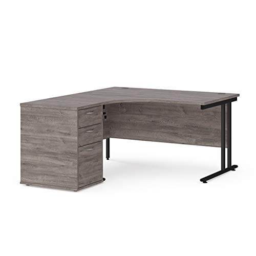 Image of Mr Office Maestro 25 left hand ergonomic desk with black cantilever frame and desk high pedestal, Grey oak, 1400