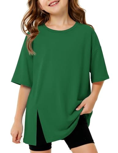 Image of Arshiner Girls' Tee Shirt Crew Neck Oversized Tshirt Slit Hem School Sports Tops Kids' Summer Lightweight Solid Shirts Basic Tee for Girls Green 5-6 Years