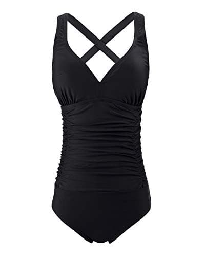 Image of FLYRONG Swimming Consume for Women V Neck One Piece Tummy Control Swimsuits for Women Swimwear, M (UK12-14), Black