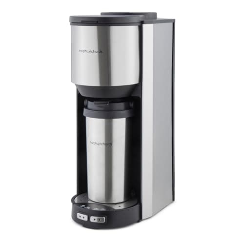Image of Morphy Richards Tazza Pour & Go, Single Cup Coffee Machine, Includes Travel Mug, Bean To Cup, 35g Integrated Grinder, Easy Operation, Coffee On The Go, 900W, Stainless Steel, 162105