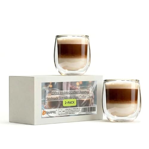 Image of Barpre Double Walled Glass Mugs Set of 2-250ml Insulated Coffee Glasses, Handmade Borosilicate Glass Coffee Cups for Hot & Iced Drinks, No Sweat Cold, Burn-Free Hot Beverages(No-Frills Packaging)
