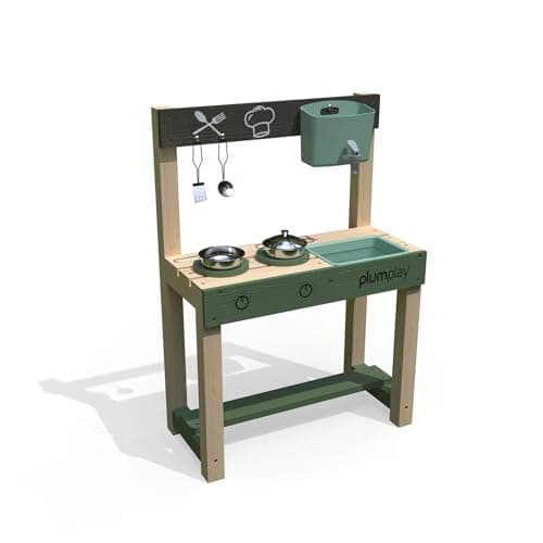 Image of Plum Play Puddle and Pie Outdoor Mud Kitchen with Sink and Tap - Cooking Utensils included