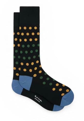 Image of Paul Smith Kingston Yellow Green Polka Dot Black Socks. Blue Toe Heel. One Size