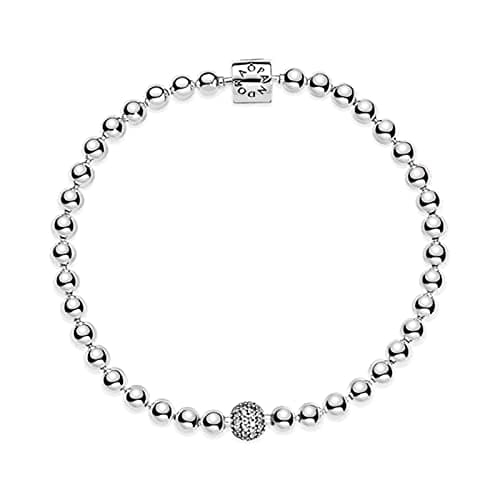 Image of DOOLY 925 Sterling Silver pan Bracelet Smooth Beads & Pave Crystal Ball Bracelet Fit Bead Charm Diy Fashion Jewelry, 19cm