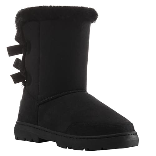 Image of Holly Women’s Classic Waterproof Faux Faux Furined Winter Ankle Boots - Pom-Pom & Bow Detail - Warm, Non Slip Rubber Sole Snow & Casual Cold Weather Footwear - Black - UK5/EU38