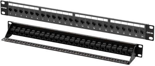 Image of FGB 10Gbps Patch Panel 24 Port, Cat6A Patch Panel 1U, 19" Rackmount or Wall Mount Keystone Patch Panel with Back Bar, Network Patch Panel for Cat6a, Cat6, Cat5e, Cat5 Cabling