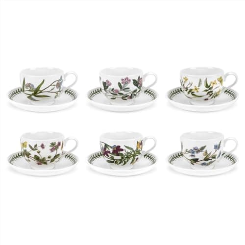 Image of Portmeirion x Botanic Garden Set of 6 Tea Cups - Assorted Multi-Colour Earthenware with Elegant Floral Design, Made in England, Suitable for Everyday Dining, Entertaining, or Picnics