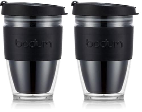 Image of BODUM 11889-01S JOYCUP Travel Mug, Double Wall, 0.3 l, Black Band, Plastic (Pack of 2)