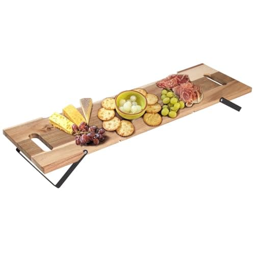 Image of URBNLIVING Large Acacia Wooden Serving Tray with Metal Legs & Handles - 67cm Modern Decorative Platter for Appetizers, Meats, Snacks, Desserts – Rustic Party Centerpiece - Hand Wash Only