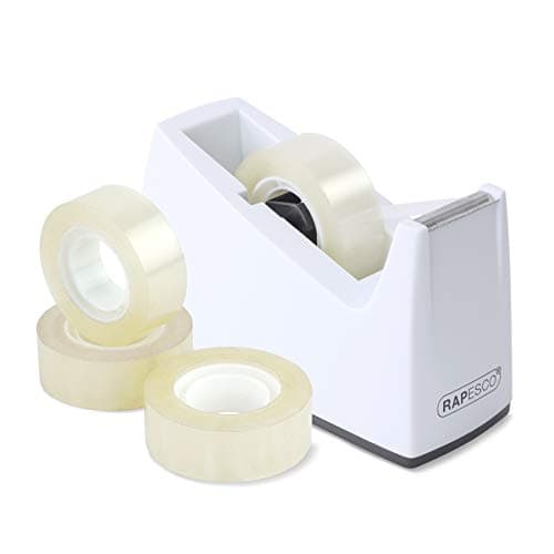 Image of Rapesco 1620 Tape Dispenser 300 for Rolls with 1" (25 mm) Core, Includes 4 Tape Rolls, White