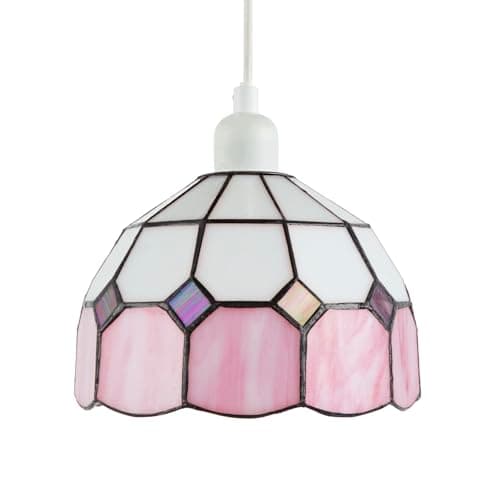 Image of Traditional Soft Pink and Opal White Tiffany Glass Pendant Lighting Shade | 20cm x 14cm | Dichroic Diamond Shaped Insets by Happy Homewares