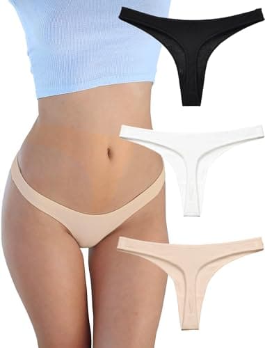 Image of Womens Cotton Thongs Underwear Breathable No Show Cheeky Panties Tangas Sexy for Everyday Workout 3 Pack Set, Black White Beige, XS