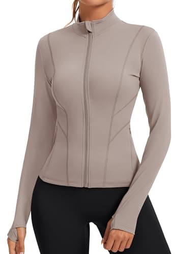 Image of Rapbin Womens Gym Tops Long Sleeve Activewear Gym Clothes Cropped Running Jackets - Zip Up Lightweight Athletic Yoga Tops(Taupe,M)