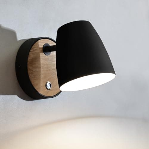 Image of Black Wall Light for Bedroom,Wood Wall Lamp with Switch Industrial,Aluminum Shade 360°Rotatable,Modern Indoor Wall Lighting for Bedside,Living Room,Hallway,Stairs,Bathroom,Storeroom,Reading Lamp E27