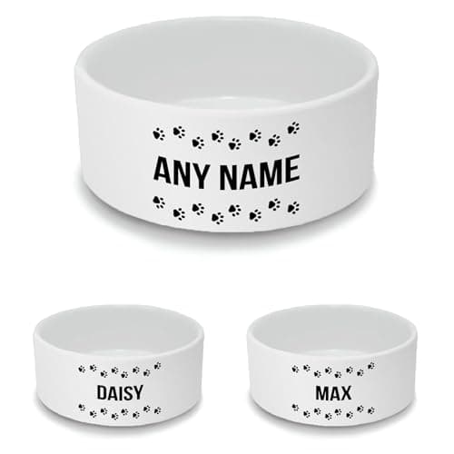 Image of Personalised Ceramic Cat Bowl - Large White Pet Food Dish with Pawprint Tracks Design - Custom Name Cat Bowl 15cm Wide x 6cm Deep - Ideal for Medium to Large Cats