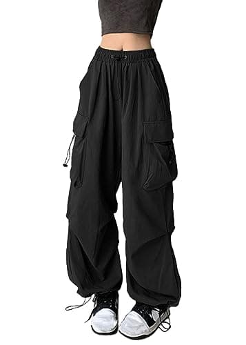 Image of FDKLOOK Womens Black Baggy Cargo Pants Drawstring Elastic Waisted Wide Leg Y2k Parachute Trousers with Pockets XXL