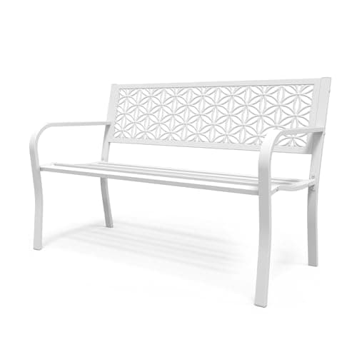 Image of Bonnlo Garden Bench for 2-3 Seaters, Outdoor Patio Bench with Floral Back, Sturdy Metal Construction Garden Seat, White