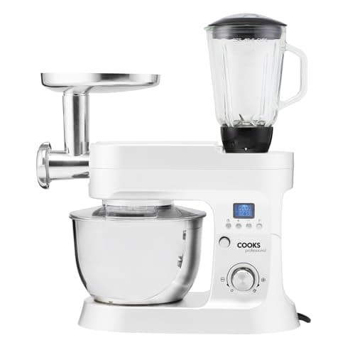 Image of Cooks Professional Stand Mixer & Mincer 1200W | Electric Food Mixer with Pulse Setting | 6.2 Litre Stainless Steel Bowl | Blending Jug, Dough Hook, Whisk, Beater & Splash Guard | White