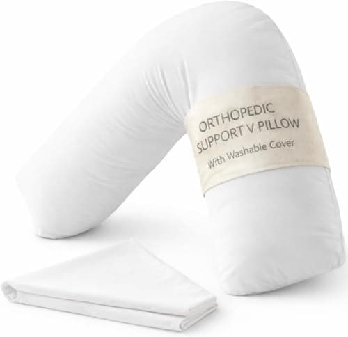 Image of Home and Living V Shaped Pillow With Removable Pillowcase | Orthopedic V-Shaped Support For Back, Neck & Pregnancy | Firm Hollowfibre Filling Nursing & Sitting Up Bed Cushion (White, Plain)