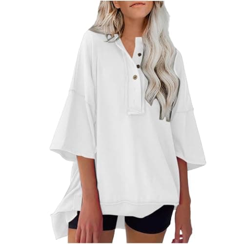 Image of Free People Women Oversized T-Shirts V Neck Half Button Blouses Basic Half Sleeve Sweatshirt Tunic Tops Casual Loose Summer Tee Shirt Baggy Solid Color Pullover Y2k Streetwear Longline Top White