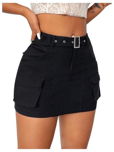 Image of GORGLITTER Women's High Waisted Bodycon Mini Cargo Skirts Belted Flap Pocket Streetwear Stretchy Skirt Black Small