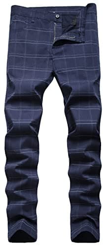 Image of FEOYA Men's Plaid Chinos Dress Chino Trousers Slim Fit Suit Pants Stretch Straight Leg Trousers Fitted Elastic Cotton Checked Pant Zip Fly Casual Check Tartan Trouser Spring Autumn 01 Blue Size 34