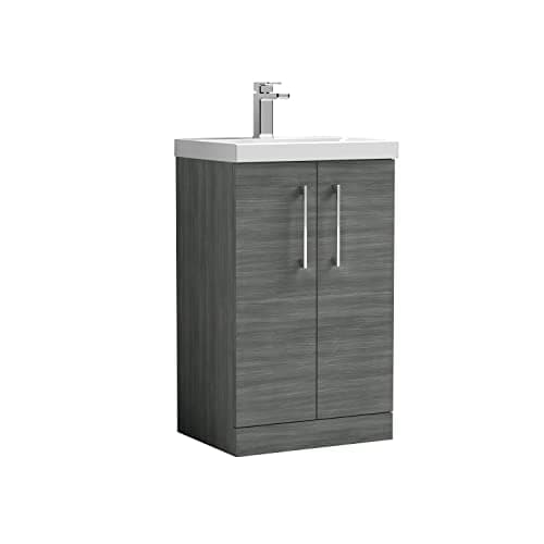 Image of nuie ARN501A Arno Modern Bathroom Floor Standing 2 Door Vanity Unit with Mid-Edge Ceramic Basin, 500mm, Woodgrain Anthracite