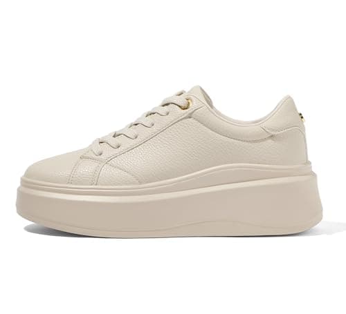 Image of LUCKY STEP Women's Platform Fashion Sneakers Faux Leather Classic Tennis Shoes Low Top Casual Walking Shoes (Beige, 8US-38EU-5UK)