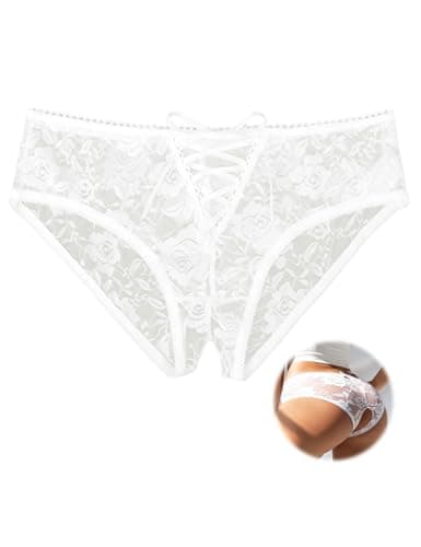 Image of ohmydear White Thongs for Women Lace French Knickers Plus Size Sexy Underwear Criss Cross G String Thongs Ladies Knickers Keyhole Panties Bikini, Size 8-10