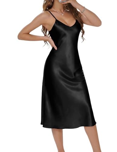 Image of Marvmys Satin Nightdress for Women UK Long Negligees Strap Chemise Nighties for Ladies V Neck Full Slips Sleepwear Black XXL