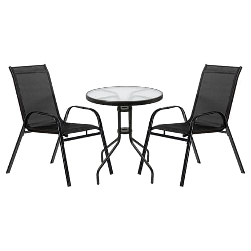 Image of Harbour Housewares Sussex Round Metal Glass Top Patio Bistro Set with 1 Table and 2 Chairs - Black - 3pc Small Circular Outdoor Kitchen Garden Coffee Breakfast Dining Pub Furniture