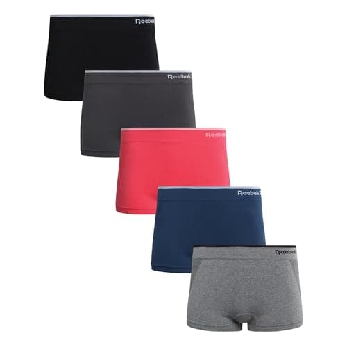 Image of Reebok Women's Boy Shorts Underwear - 5 Pack Stretch Performance Boyshort Panties - Seamless Underwear for Women (S-XXL), Grey/Denim/Coral/Blackened Pearl/Black, S