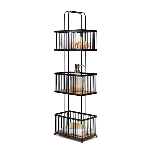 Image of Croydex Three Tier Storage Caddy - Black & Bamboo, Freestanding Bathroom Storage Shelves, Deep Baskets, 22D x 15W x 726H cm, Stylish Black Bathroom Accessories Solution