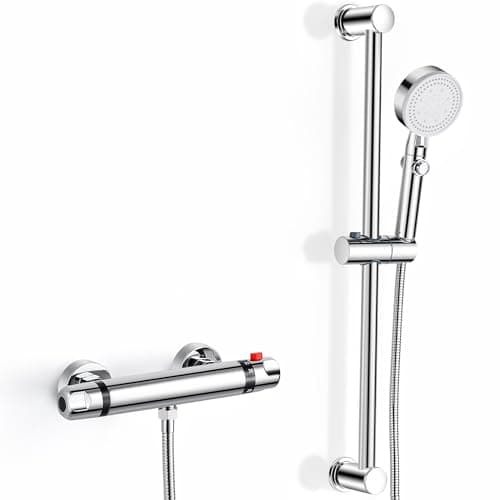 Image of Thermostatic Shower Mixer Kit Wall Mounted Thermostatic Shower Valve with Adjustable Riser Kit,38°C Safety Lock Anti Scald, Chrome Modern Shower Set