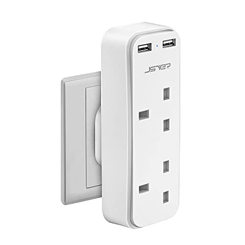 Image of Double Plug Adaptor with 2 USB, JSVER Mini 2 Way Plugs Extension Sockets with USB Ports(5V/2.4A) Wall Charger Adapter, 13A UK 3 Pin Power Socket for Home, Office, Kitchen,White